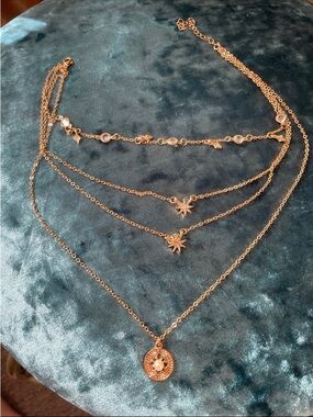 Gold Layered Star & Crystal Pendant Necklace Set